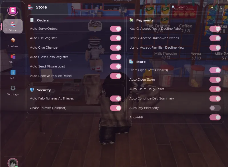 Auto Give Change, Restock item, Buy Furniture, Load, KEYLESS