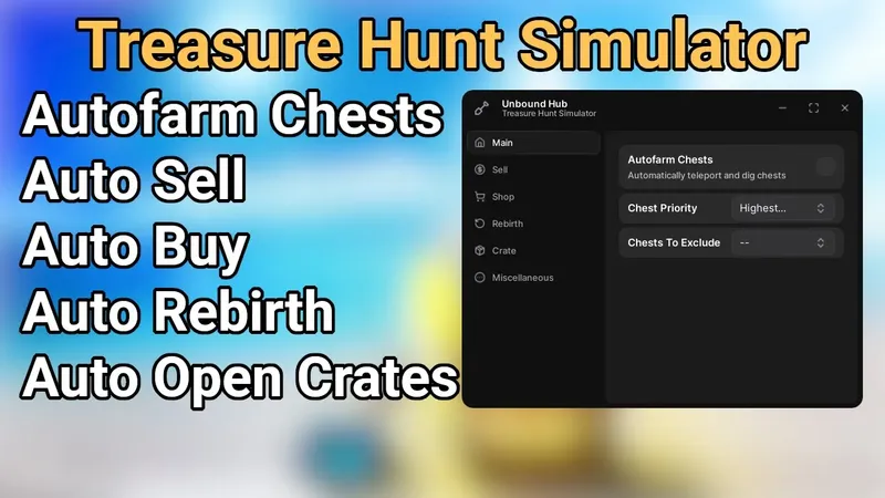 Treasure Hunt Simulator ⛏️Autofarm Chests, Autofarm Sand, Auto Buy, Auto Sell, More