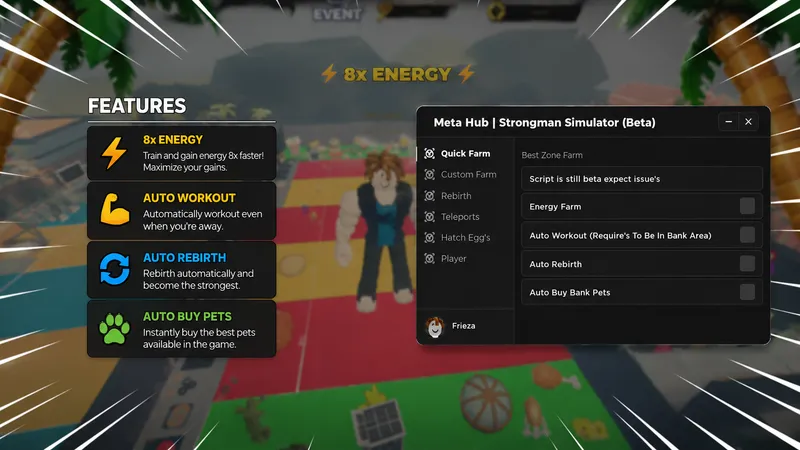 Energy Farm, Auto Workout, Auto Rebirth, Auto Buy Pets, More