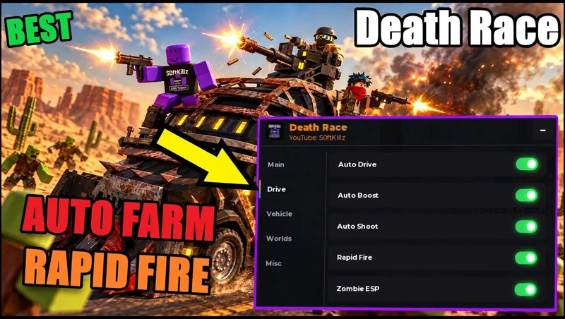 RAPID FIRE, AUTO FARM, AUTO DRIVE, AUTO UPGRADES, UNLOCK WOR